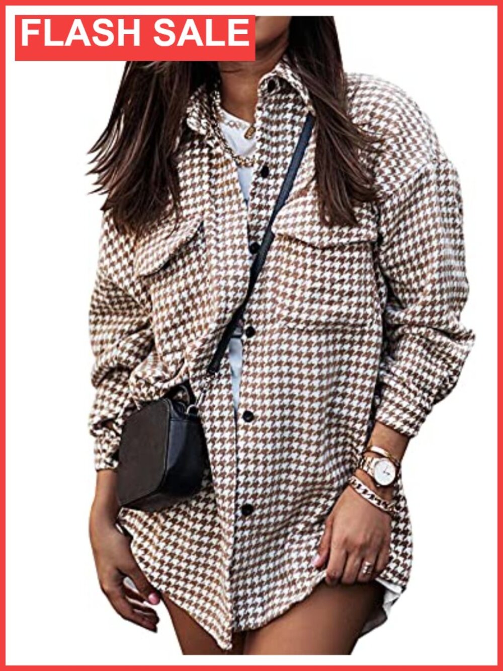 Houndstooth Plaid Shacket Button Down Casual Jacket Pockets